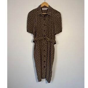 Vintage Talbots Womens 8 Petite Shirt‎ Dress Brown Polka Dot Belted Pockets Midi